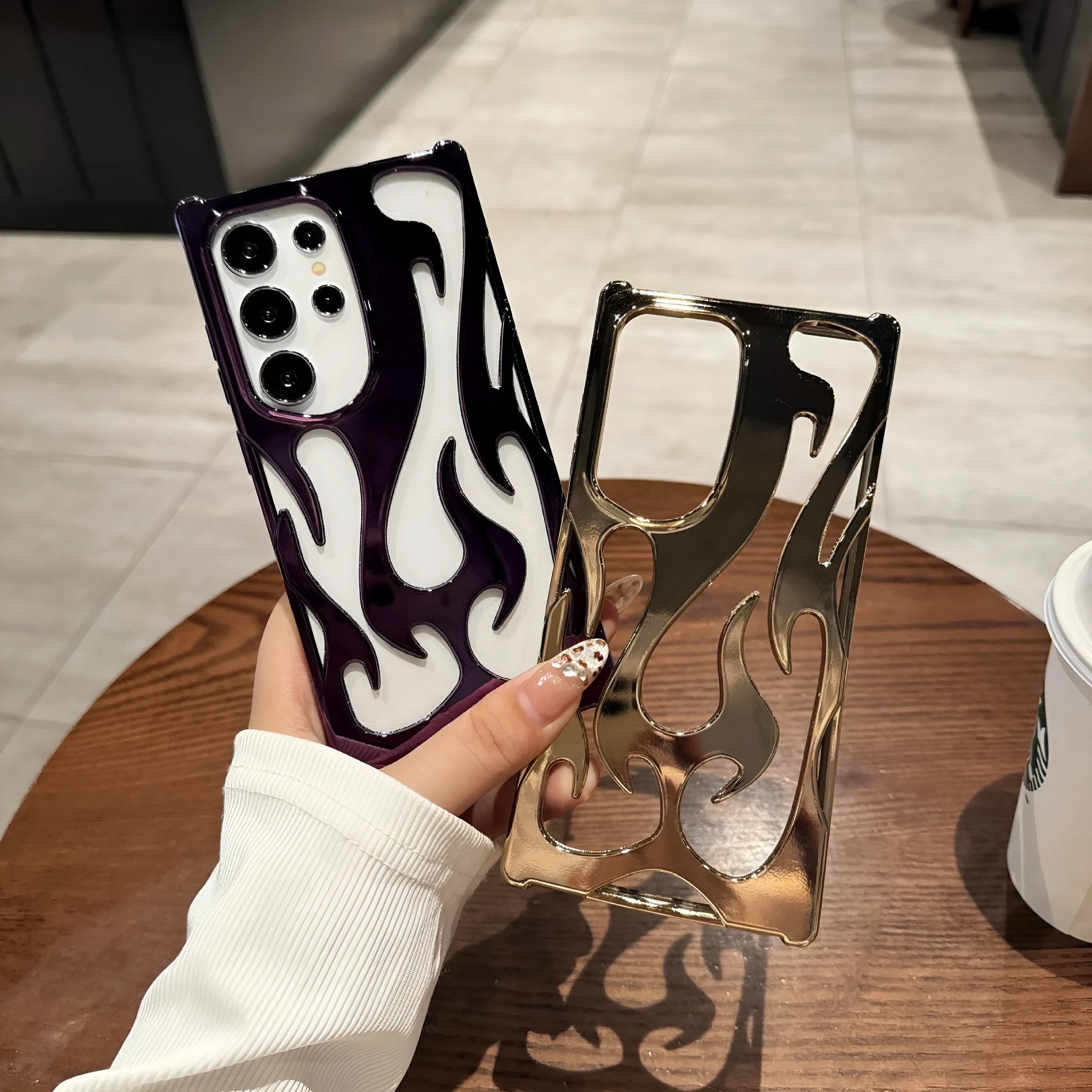 Hollow flame pattern TPU protective phone case for Samsung S24 series in dark purple electroplated finish