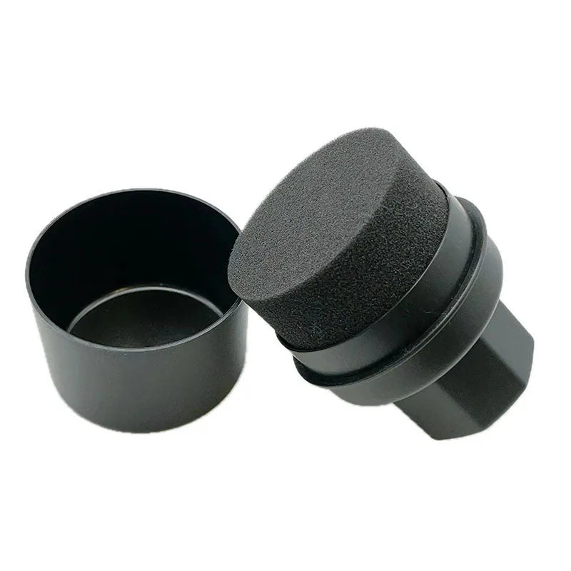 Hand-held black car tyre polishing sponge brush with a lid, showing high-density foam and PP plastic handle.