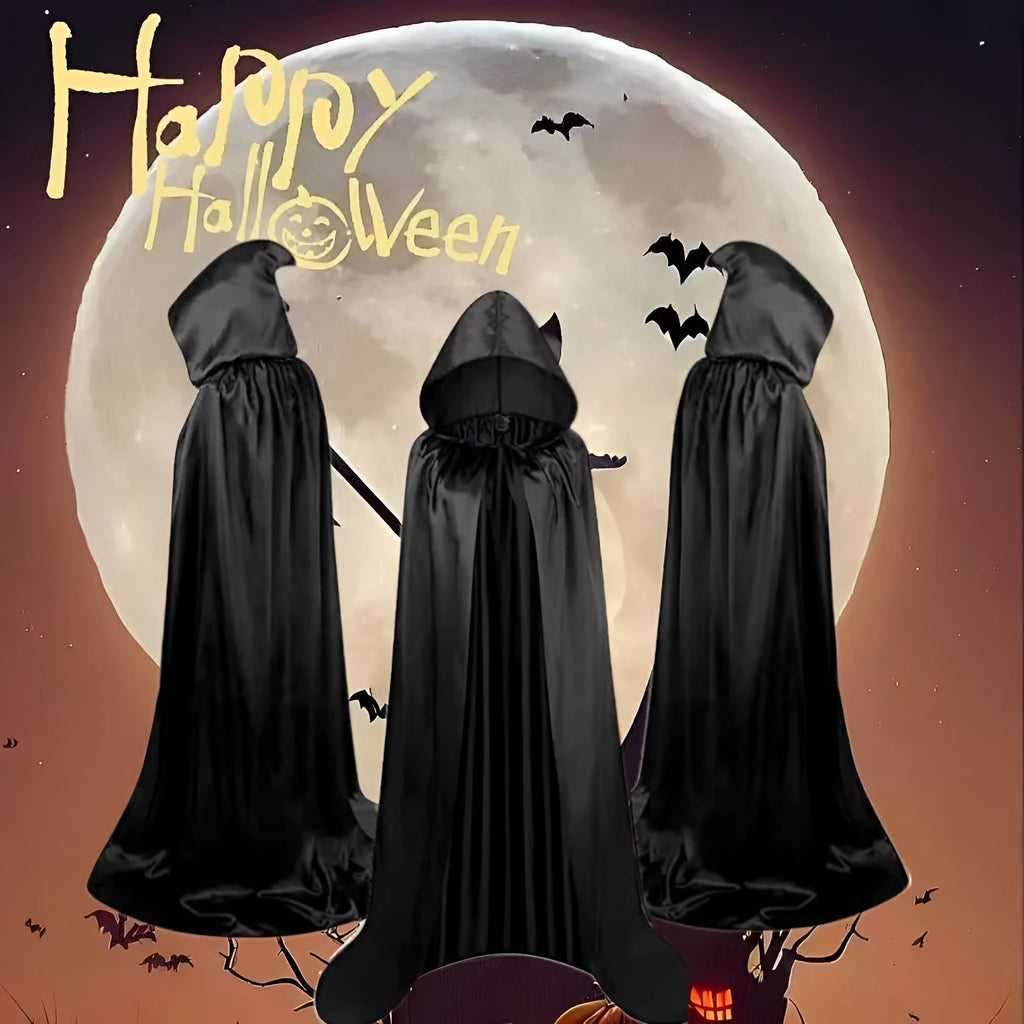 Reversible black satin children's cloak with hood for Halloween wizard costume