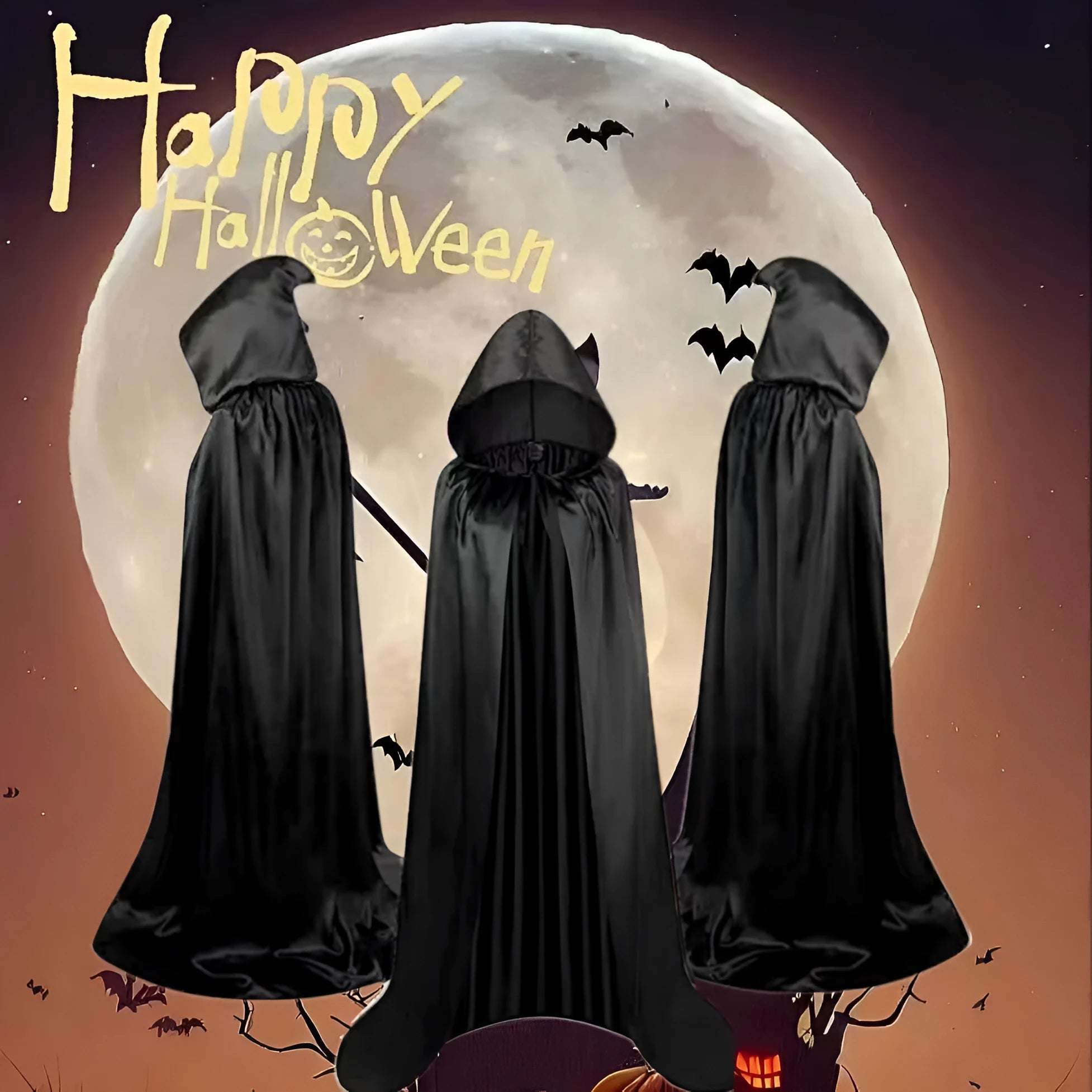 Reversible black satin children's cloak with hood for Halloween wizard costume