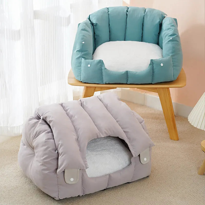 Grey arched cat nest with a detachable sofa base, showing enclosed pet bed design.