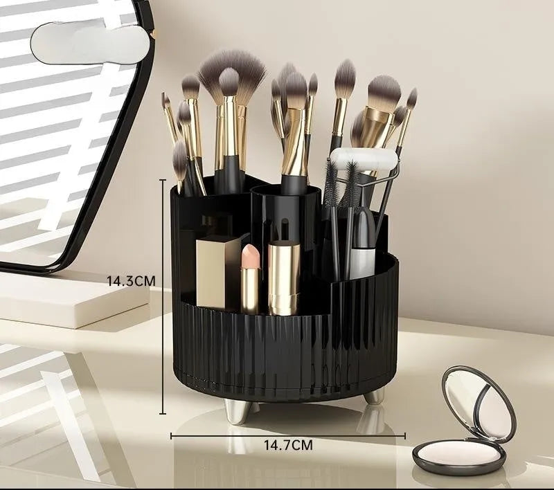 Rotating cosmetics storage box with makeup brushes and lipsticks organised on dresser table