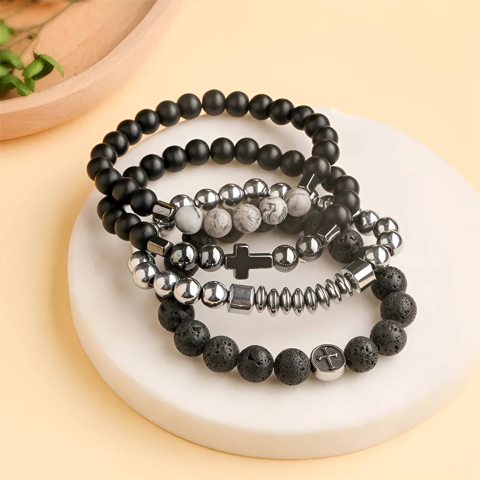 Volcanic rock agate geometric bracelet with stainless steel finish showing 10mm volcano colour stone