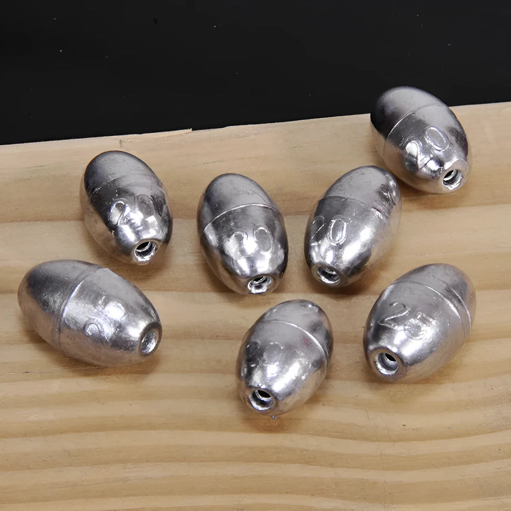 Standard weight olive fishing sinker set in lead with weights from 1g to 20g