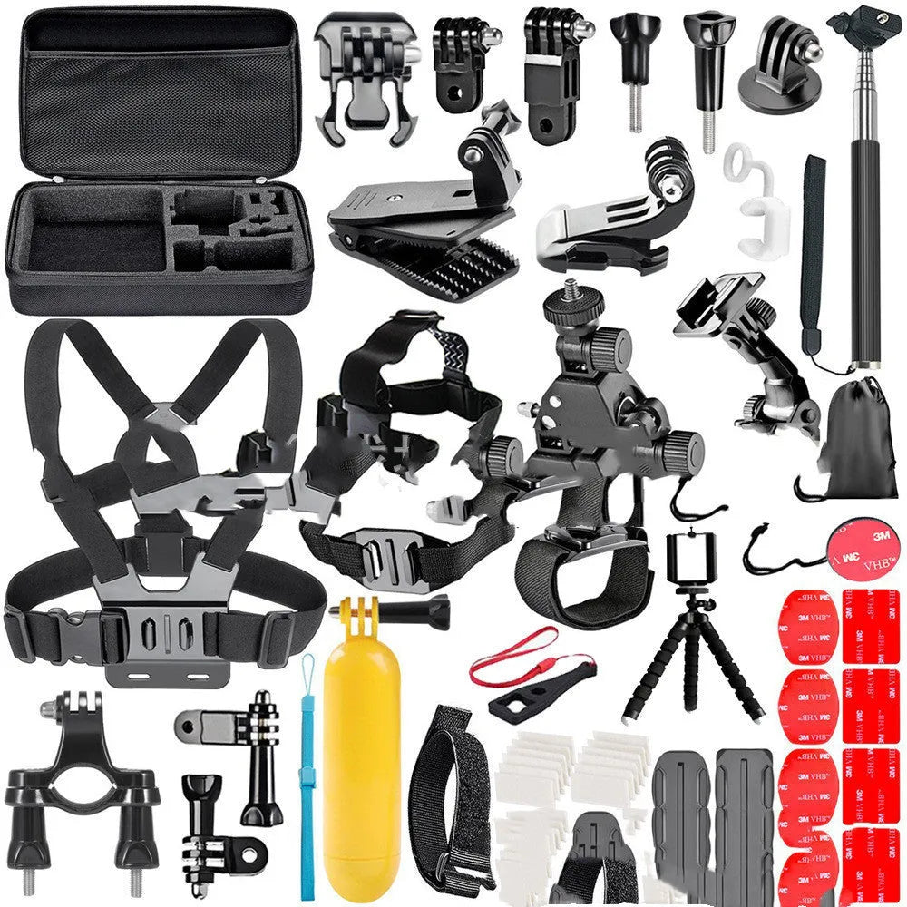 Black GoPro accessory set containing chest strap, helmet mount and tripod adapter for Hero cameras