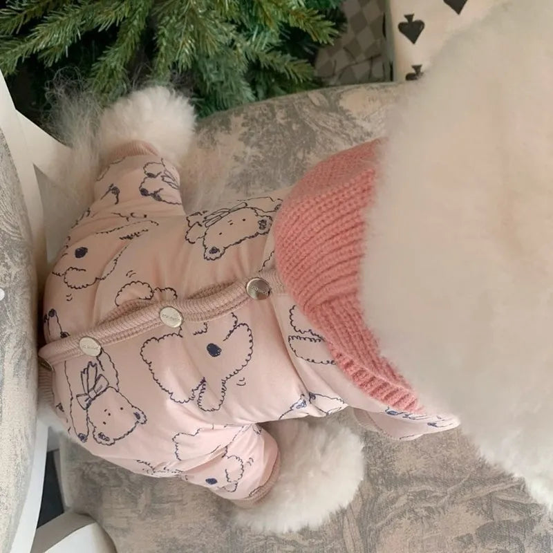 Cute bear print pet winter jumpsuit with knitted scarf on a small dog, padded onesie with fleece cuffs for cold weather
