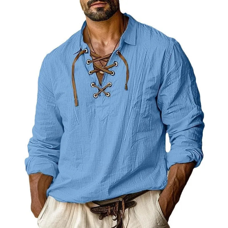 Men's plus size blue linen-cotton blend shirt with lace detailing on the front and lapels.