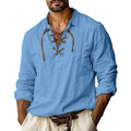 Men's plus size blue linen-cotton blend shirt with lace detailing on the front and lapels.