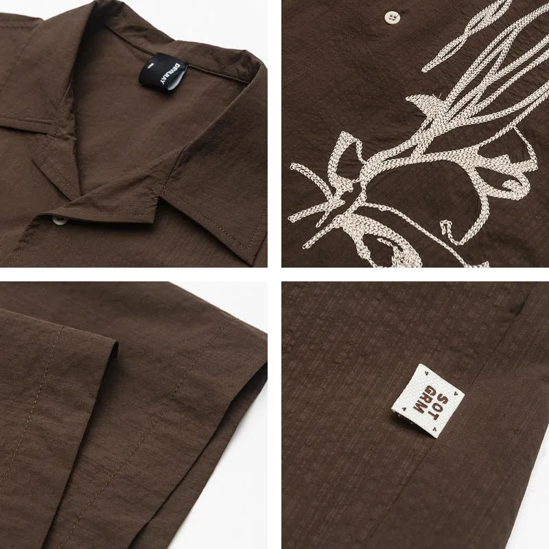 Brown coffee colour stripe pattern outdoor waterproof short sleeve shirt with Cuban collar