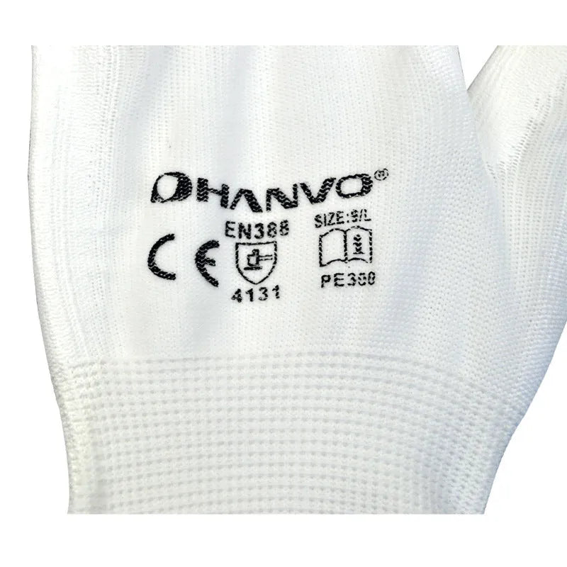 White PU coated work gloves showing durable palm coating and breathable cotton back, sizes L and M.