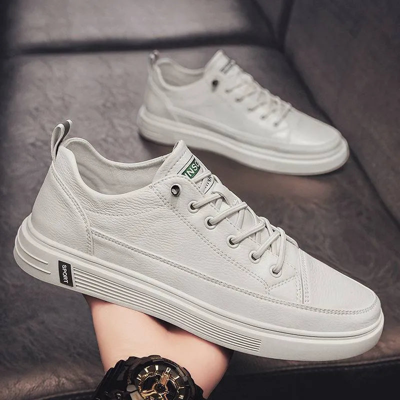Men's casual white shoes with flat bottom, low heel, round toe, and PU upper in beige, white, or black