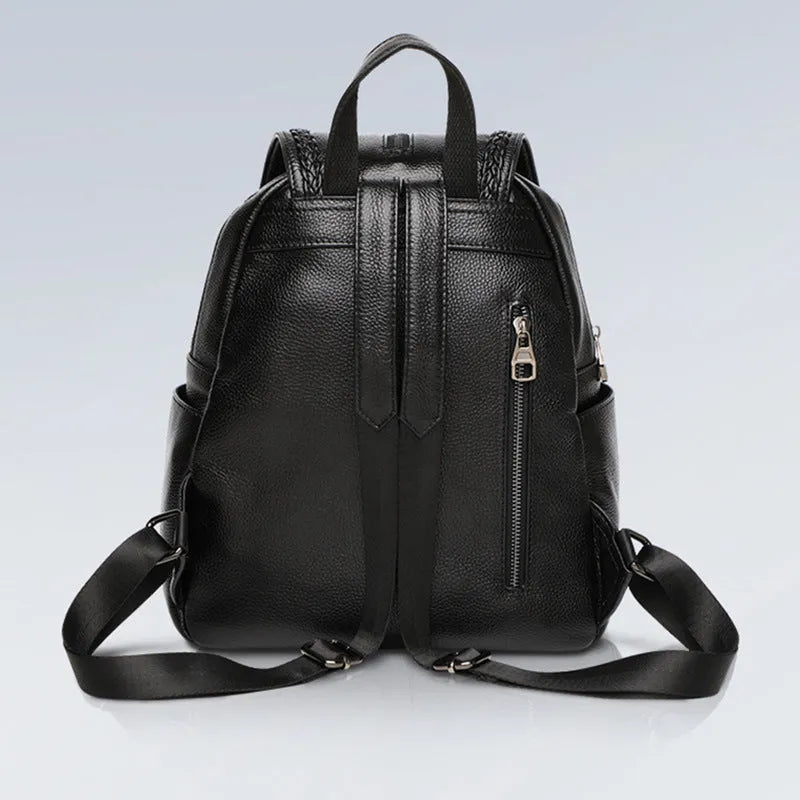 Women's genuine leather backpack in blue colour showing street trend style and internal organisation compartments