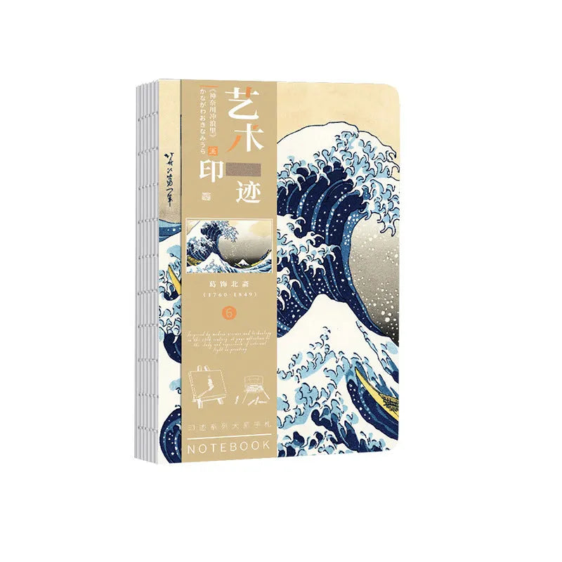 Hardcover Ukiyo-e art notebook open on a desk, showing the Kanagawa wave design and A5 size.