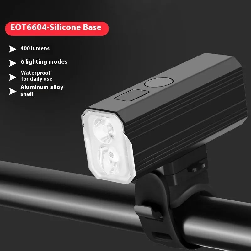 Aluminium alloy bicycle headlights with silicone mounting bracket showing 400 lumen brightness rating