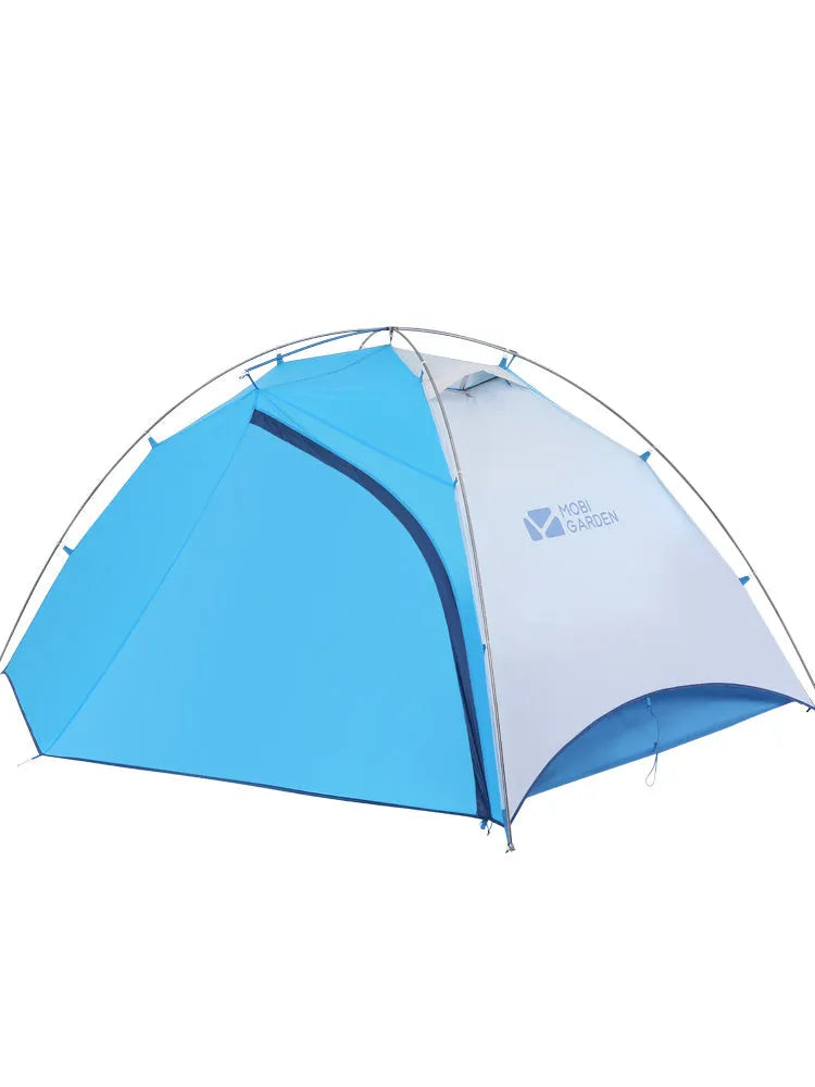Double deck aluminum alloy camping tent in green, pitched outdoors with flysheet and aluminium poles visible