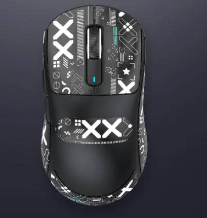 Black three-mode rechargeable Bluetooth mouse with USB receiver and parachute cord on a desk.