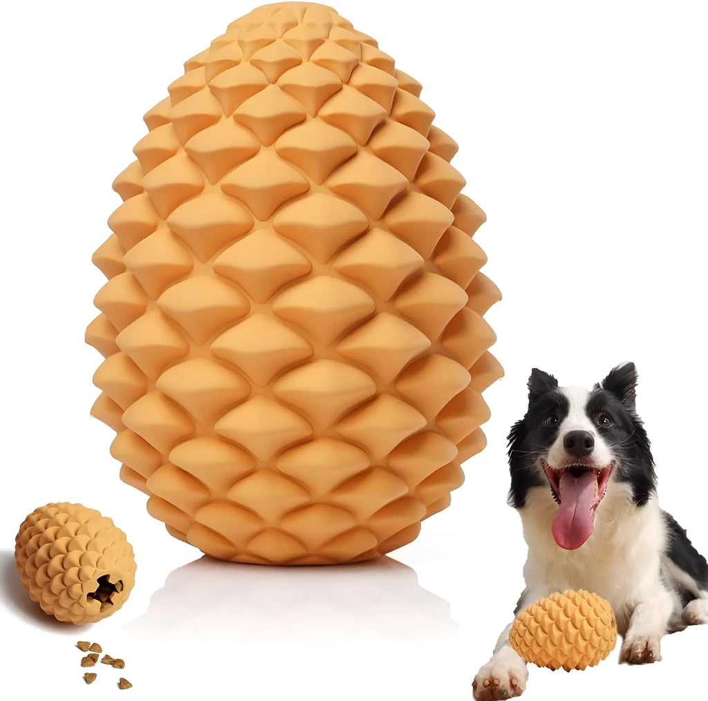 Yellow pine cone shaped natural rubber dog chew toy with treat dispensing feature