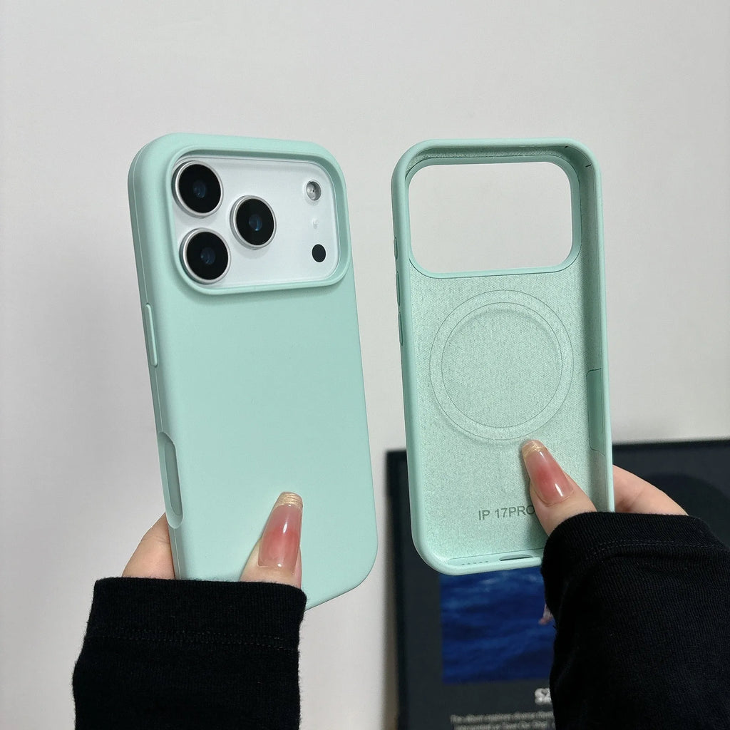Liquid silicone magnetic iPhone case in antique white colour showing magnetic charging compatibility