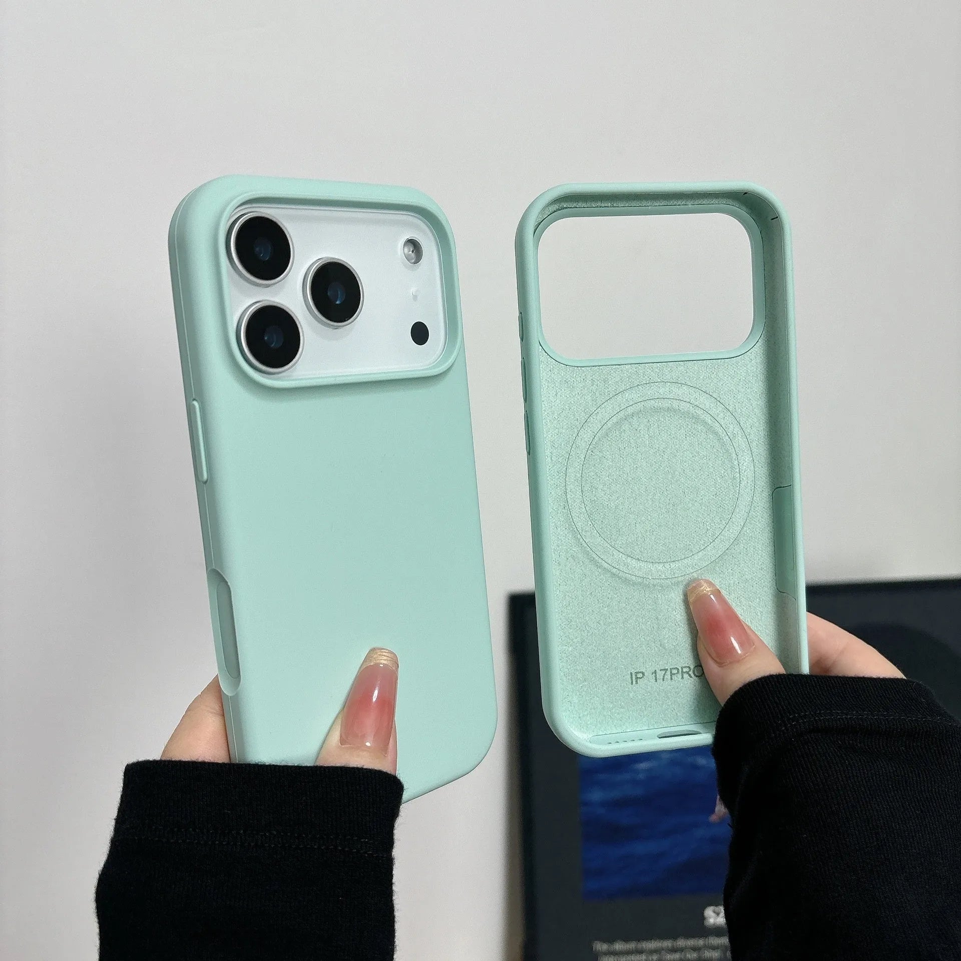 Liquid silicone magnetic iPhone case in antique white colour showing magnetic charging compatibility