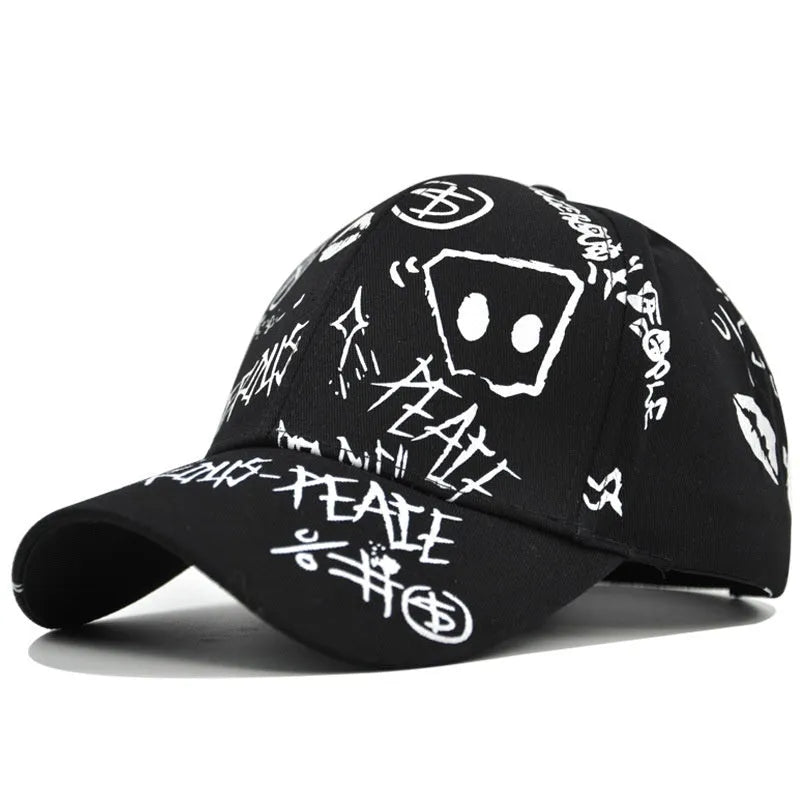 Unisex cotton baseball cap with adjustable curved brim, embroidered letter pattern, in black colour
