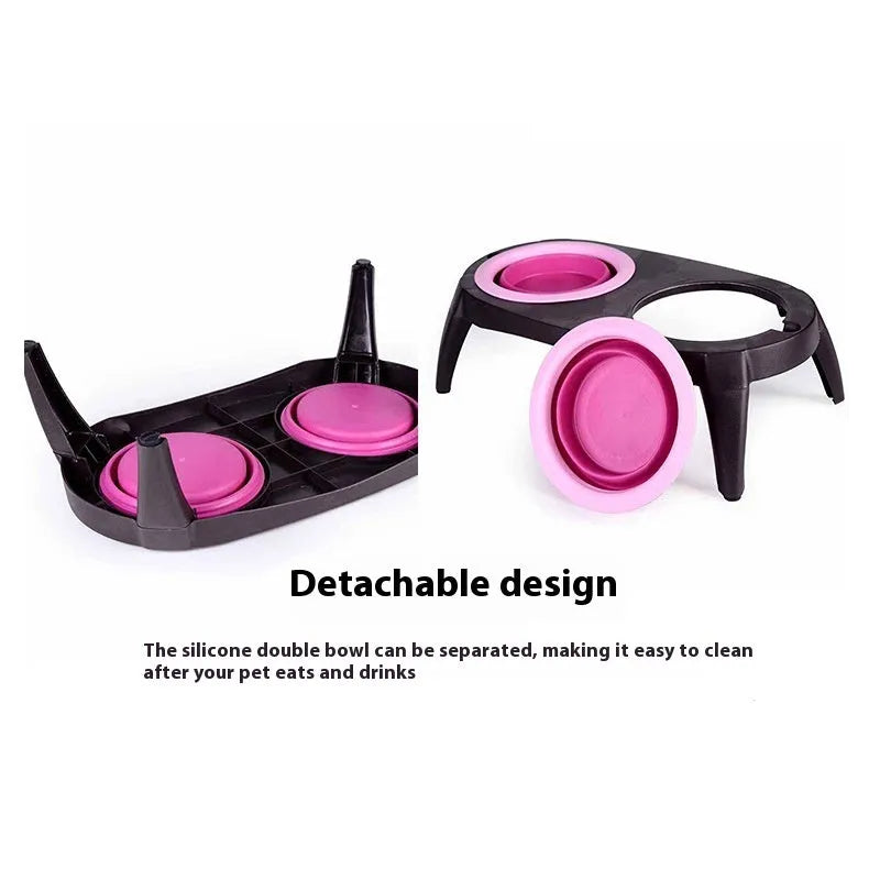 Blue folding double bowl dog feeder with separate food and water compartments
