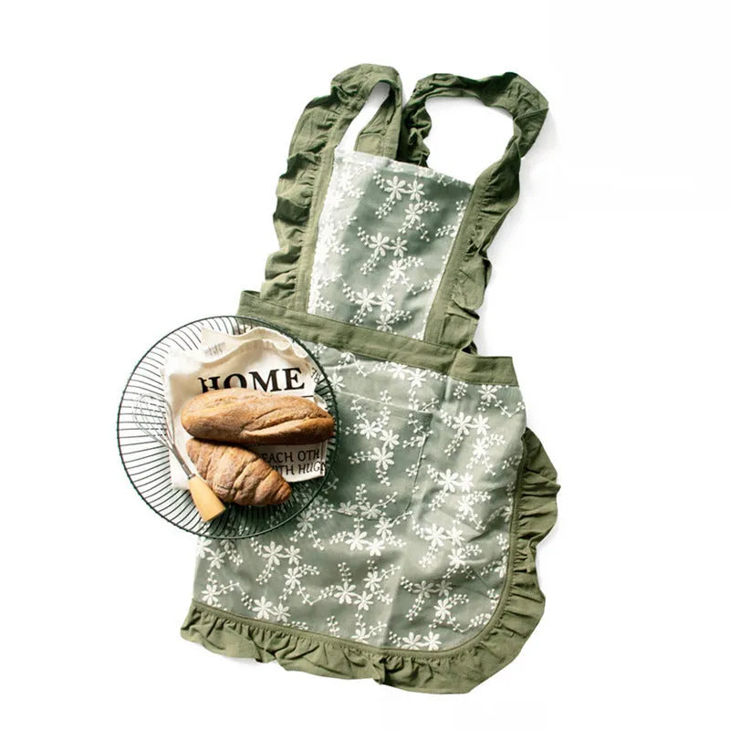 Minimalist cotton linen X-strap kitchen apron in solid colour with lace detailing
