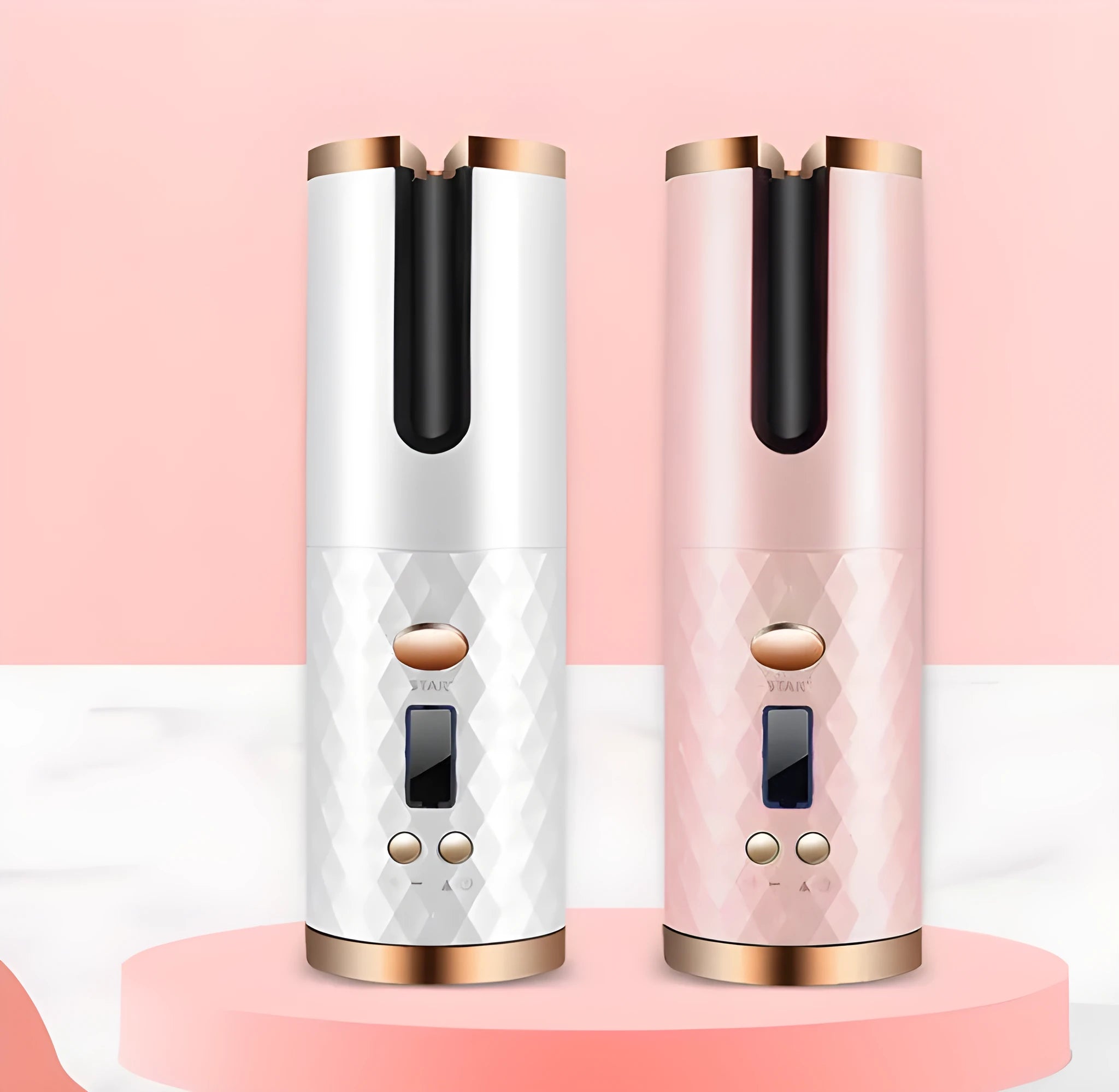 White portable USB charging mini curling iron with gold ceramic barrel on a table.