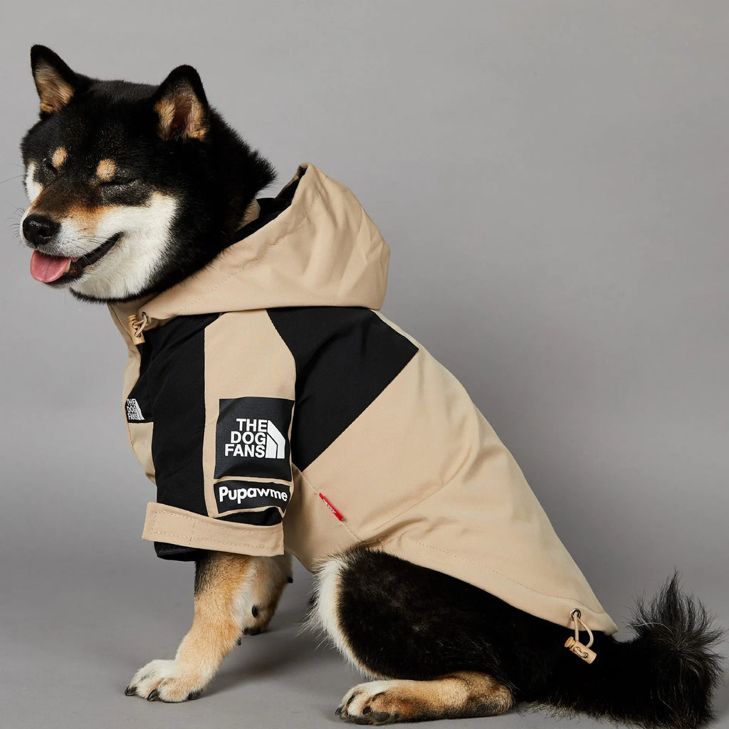 Khaki polyester dog shell jacket shown on canine model, available in sizes S through 5XL