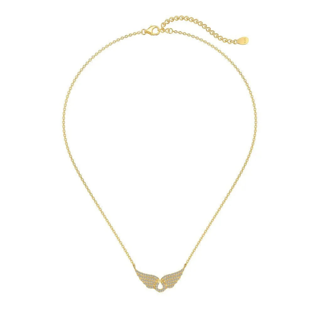 925 sterling silver wings fashion necklace on display with electroplated finish in white or yellow gold tone