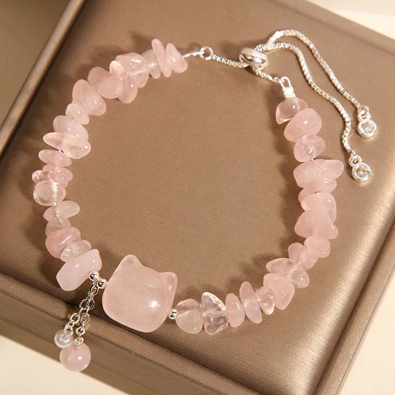 Women's crystal gravel bracelet with kitten charm in pink or agate colour.