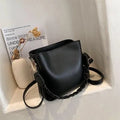 Retro one-shoulder crossbody bucket bag in woven PU material, shown in khaki colour.