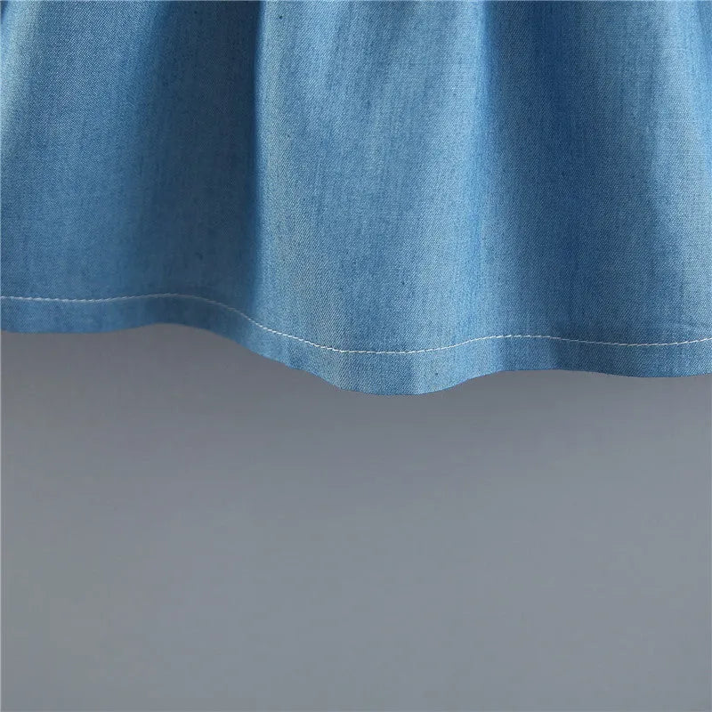 Summer solid blue cotton princess dress for girls with rabbit ears and denim fake two-piece design