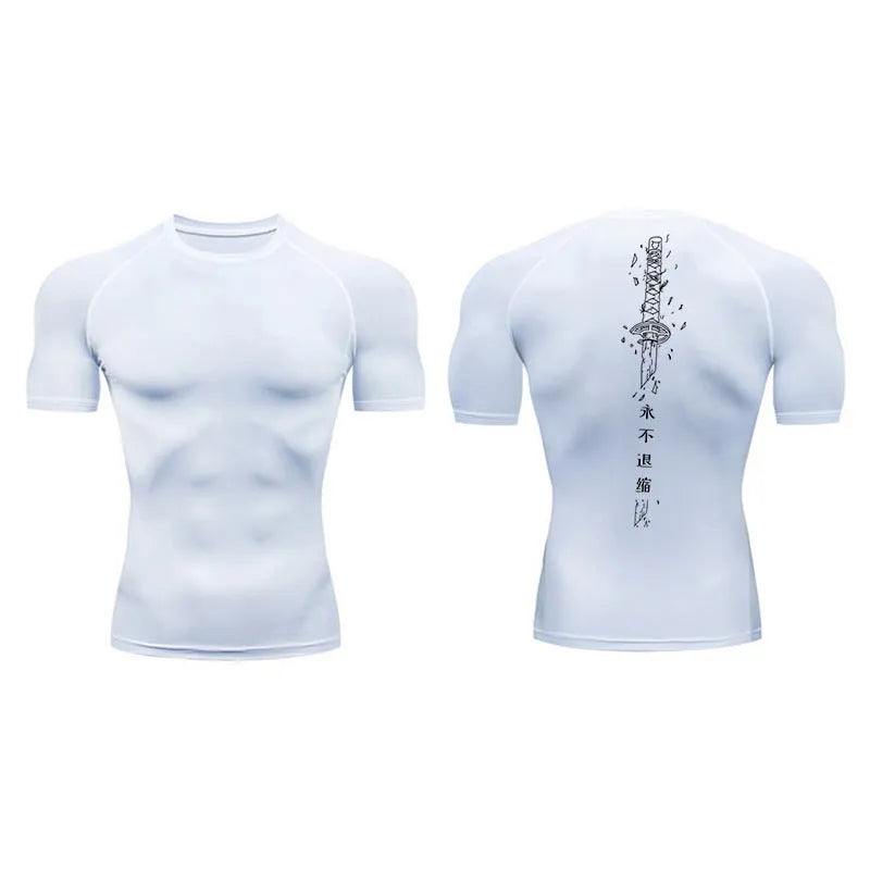Men's short sleeve compression shirt with sword print pattern in loose pullover style