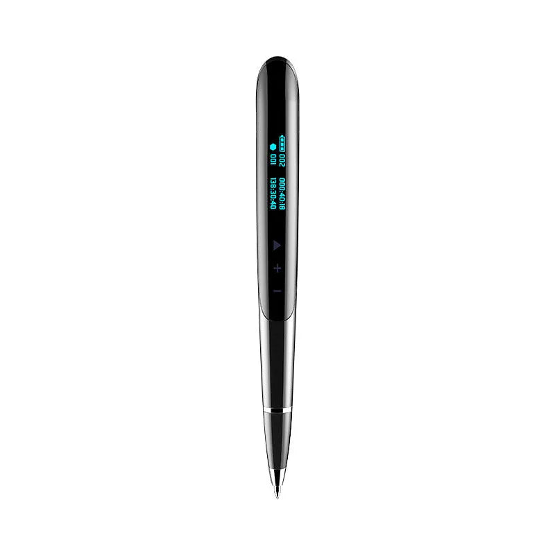 Black digital recording pen with OLED display screen and zinc alloy casing next to included headphones and data cable.