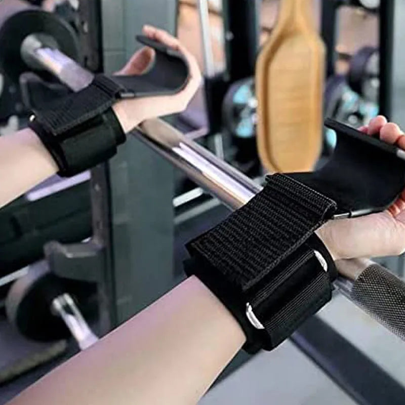 Black fitness wrist brace with hook for pull-up assistance on horizontal bar