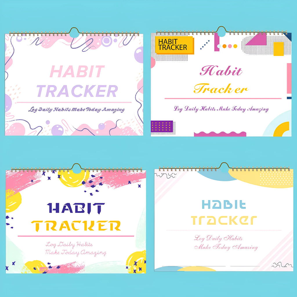 A5 habit tracking notebook open on a desk, showing internal pages, available in four colour options.