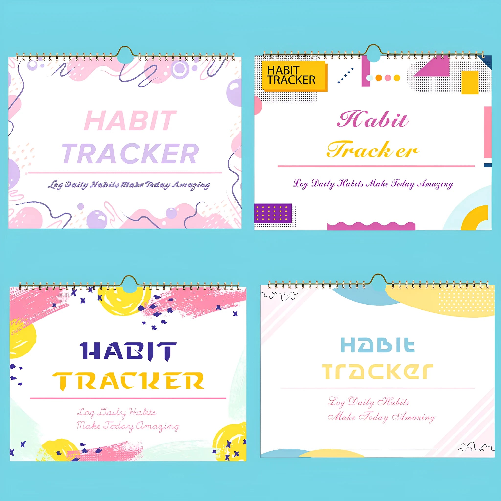 A5 habit tracking notebook open on a desk, showing internal pages, available in four colour options.