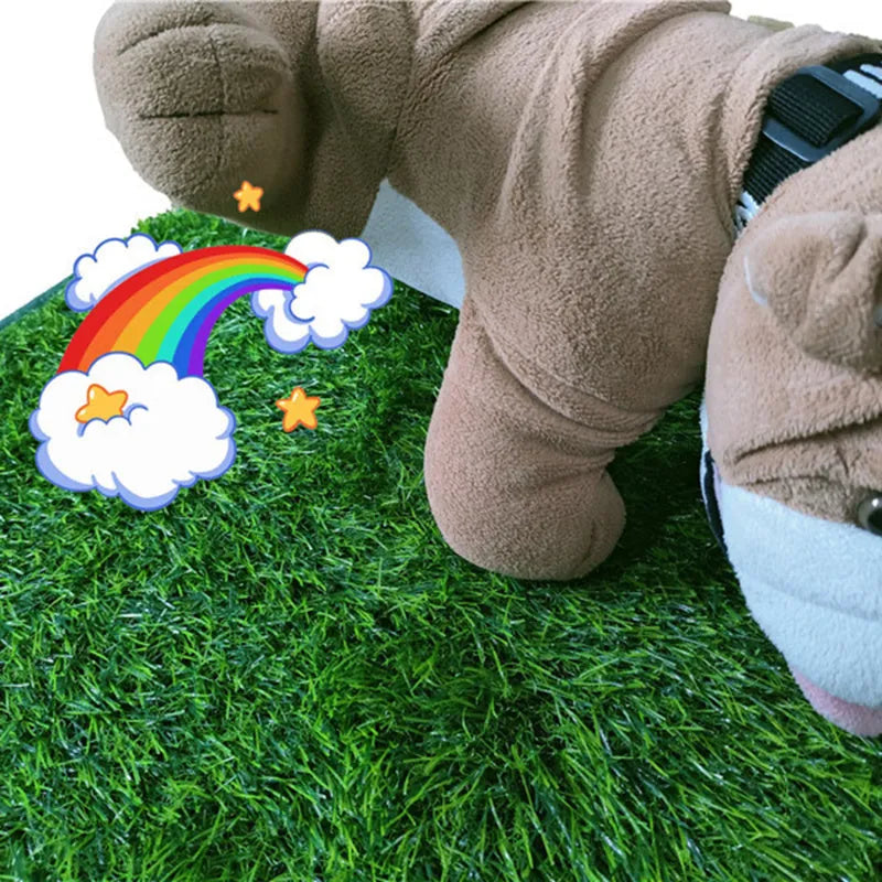 Green realistic dog grass pee training pad with waterproof backing, shown in small, medium, and large sizes.