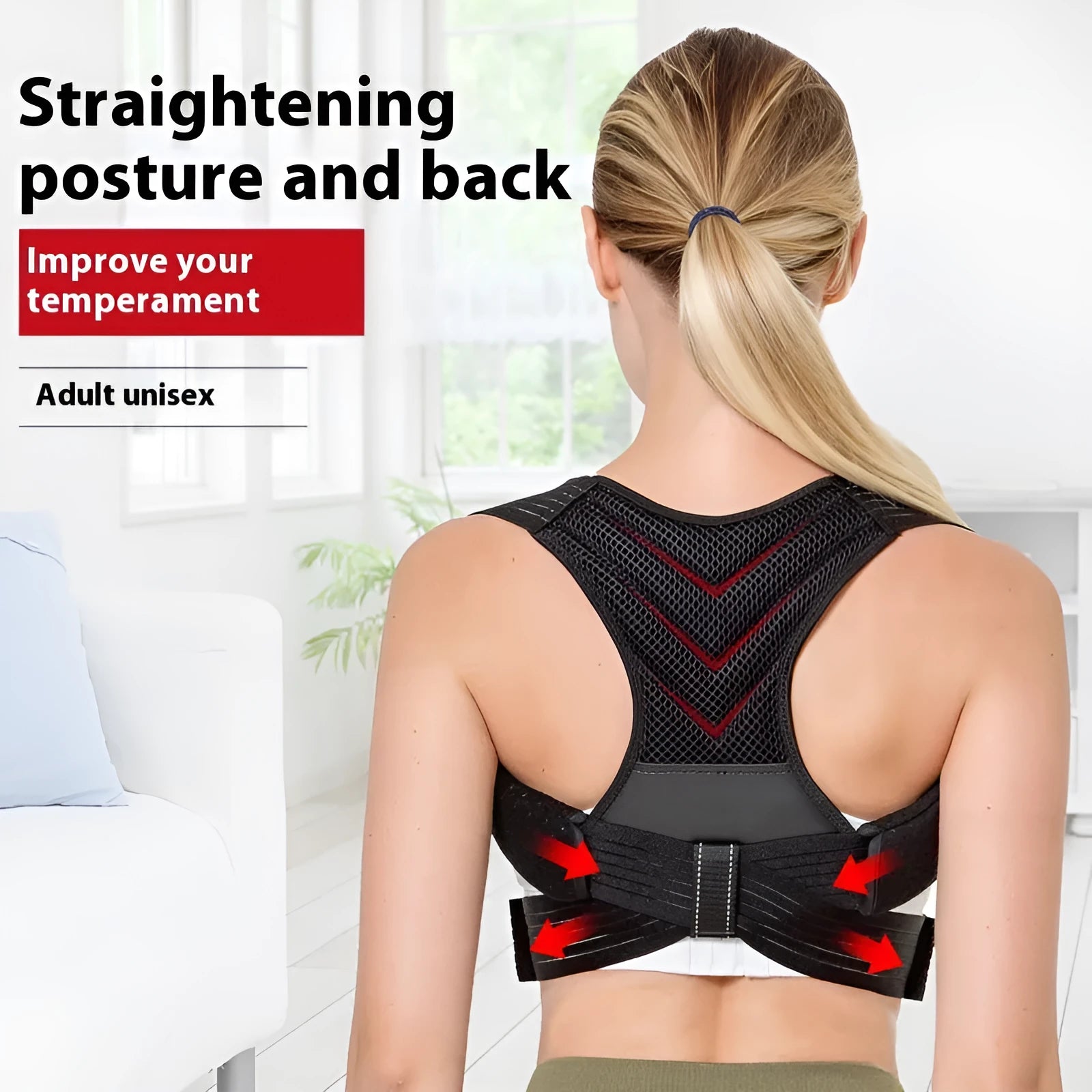 Black anti-humpback posture correction belt for back and shoulder support during sports.