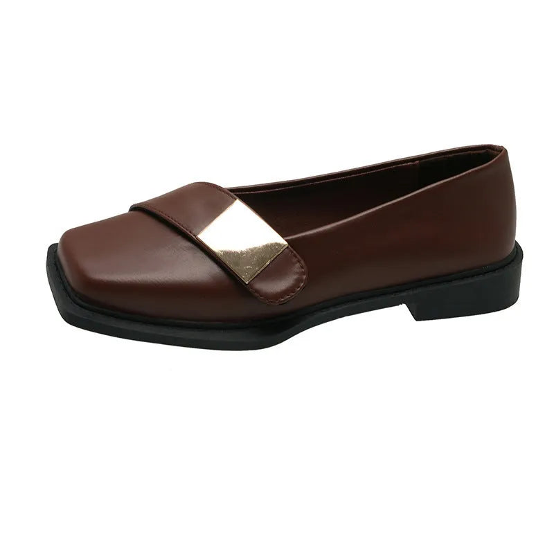 Women's square-toe flat-heeled shoes with metal buckle detail in beige, black and brown colours
