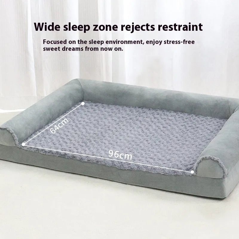 Light grey cloth dog kennel with padded base and raised sides, shown with a large dog resting inside.