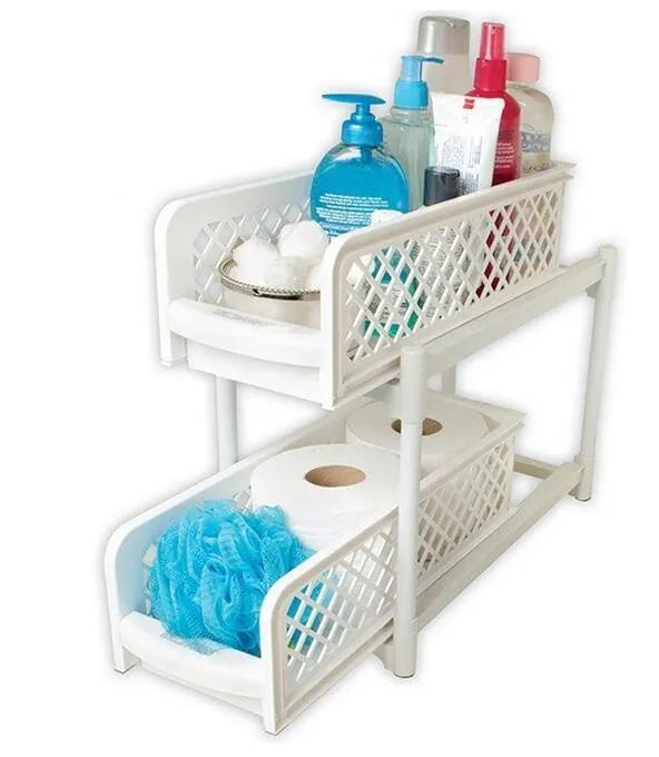 White plastic two-tier desktop storage rack on a bathroom counter holding toiletries, 41.5cm wide