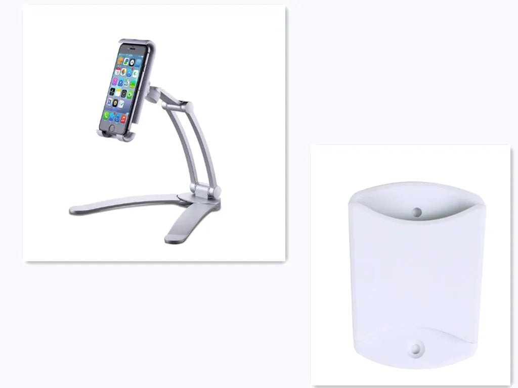 Silver aluminium desktop stand holding a tablet, showing 360-degree rotation and adjustable clamp mechanism.