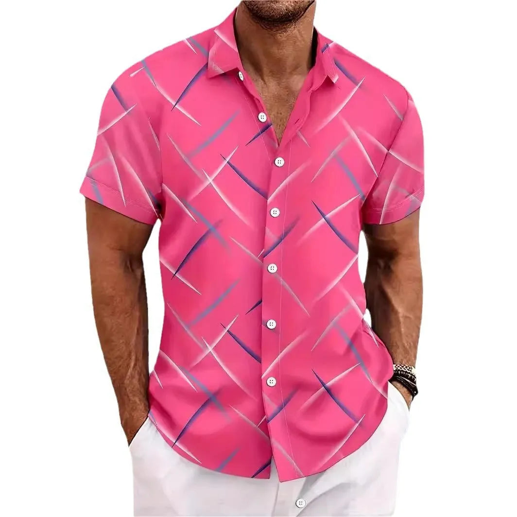 Men's casual beach button shirt with striped feather pattern, short sleeves, and loose fit in peacock blue colour