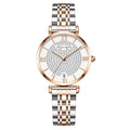 Starry women's quartz watch with white dial, 33mm, alloy strap, butterfly clasp, rose shell case