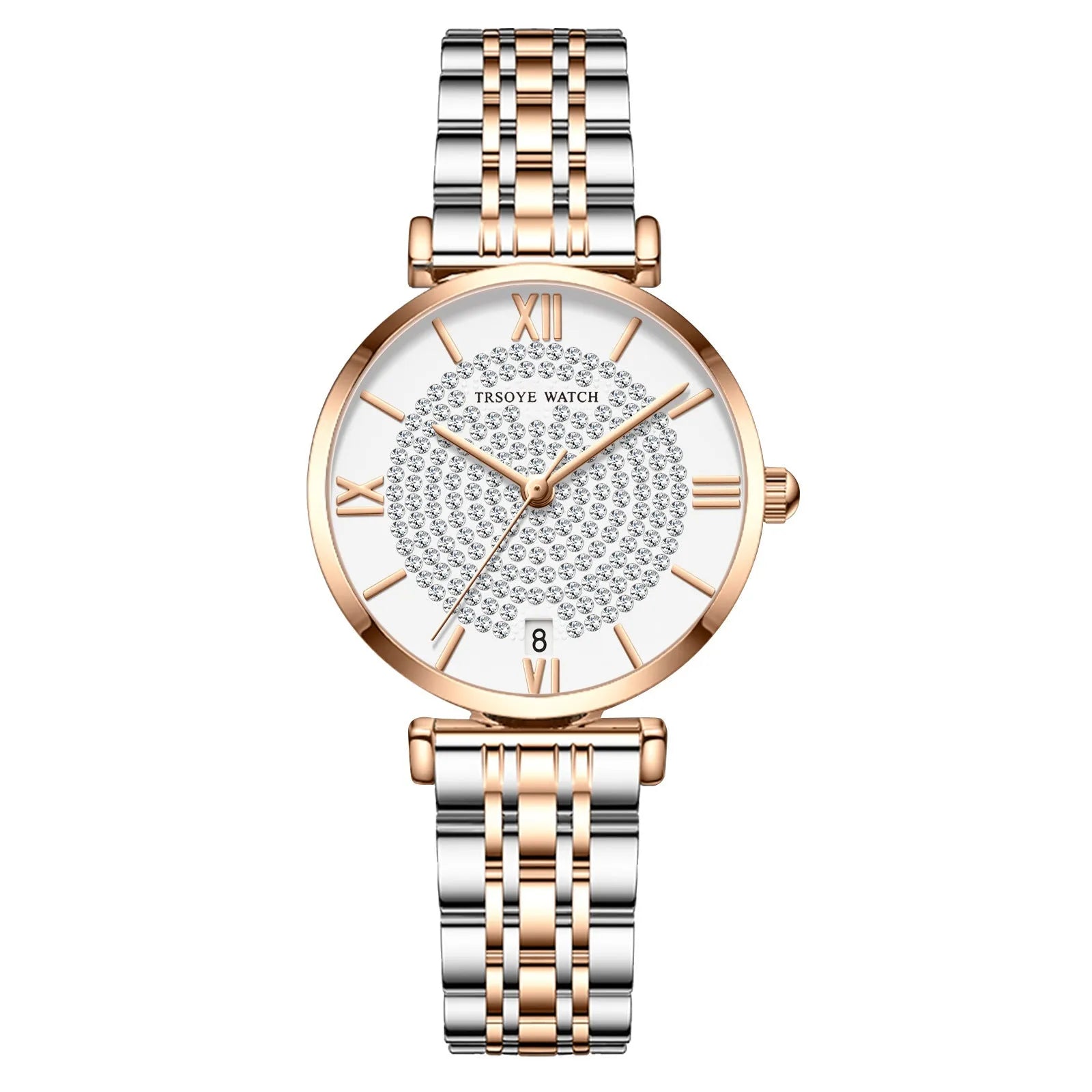 Starry women's quartz watch with white dial, 33mm, alloy strap, butterfly clasp, rose shell case