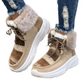 Women's beige lace-up suede snow boots with a thick rubber sole and plush lining, shown from the side.