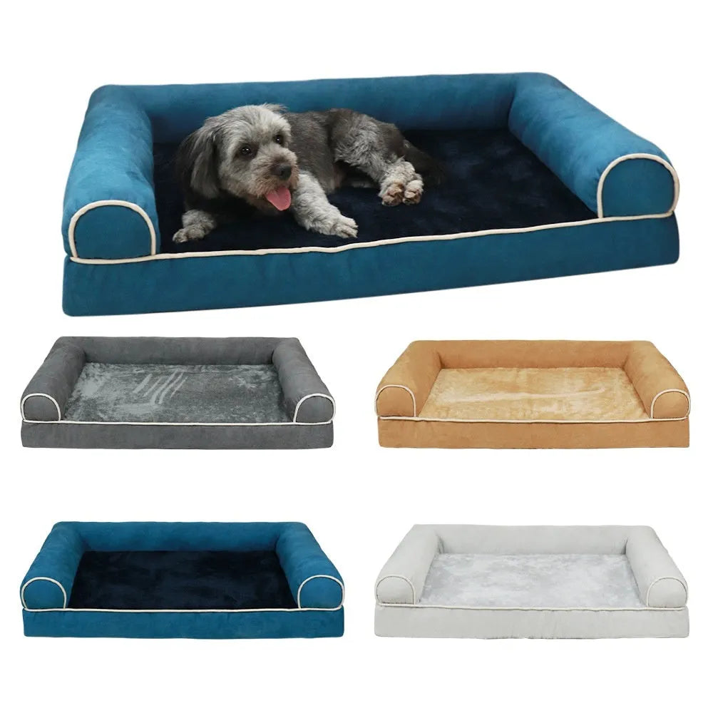 A dark grey, rectangular sponge dog bed with a removable cloth cover, shown inside a metal wire crate.