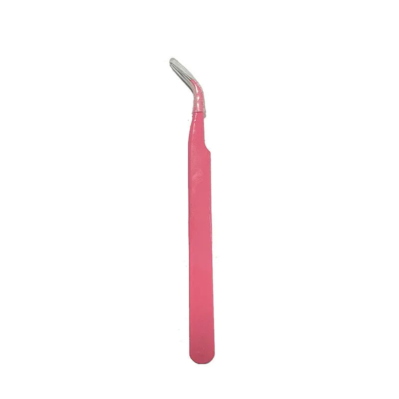 DIY false eyelashes extension kit showing cluster lashes and metal tweezers on a clean surface.