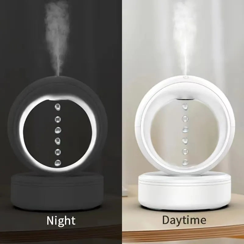 White round USB-powered humidifier showing anti-gravity levitating water droplets and mist output.
